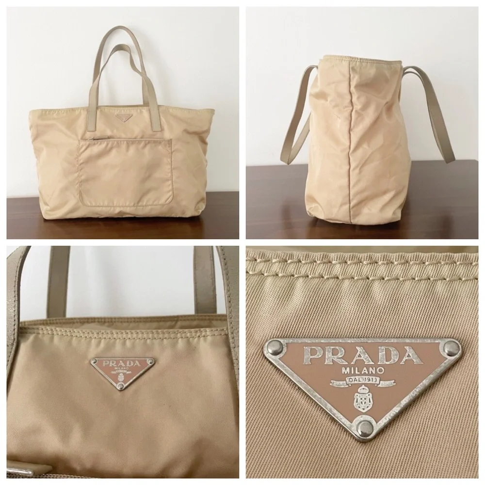 Prada tan Tessuto nylon and leather triangle logo shoulder tote bag